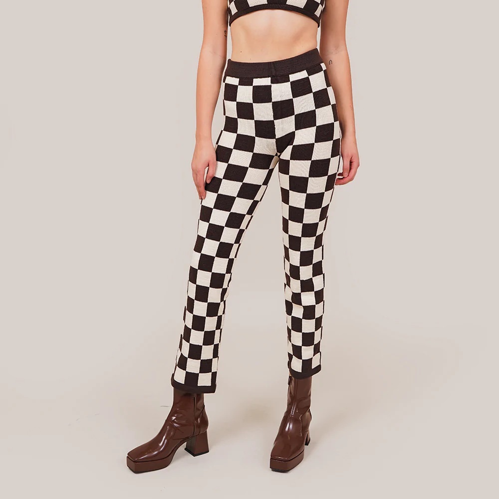 NWT Belle the Label knit checkerboard trousers pants in carob brown cream medium